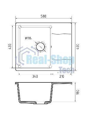 Мойка GRANFEST URBAN 258L 1-чаша+крыло 580x490мм, монтаж: врезной, материал: кварц, черный