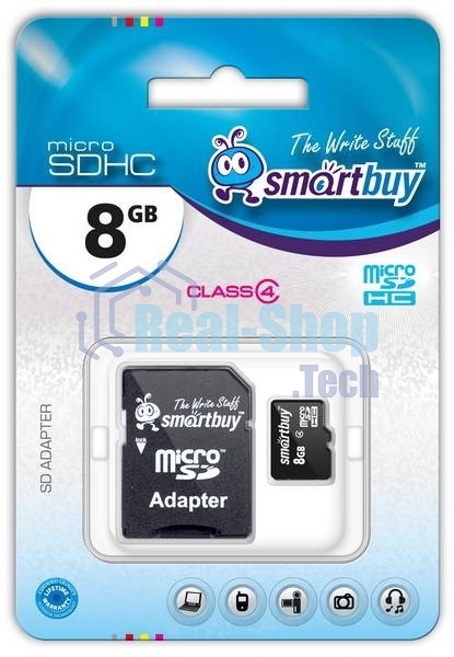 Флеш карта microSD 8Gb, Smartbuy microSDHC Class 10 (SD адаптер)