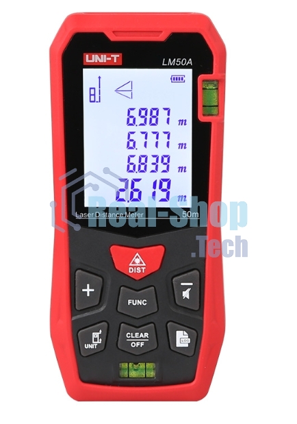 Лазерный дальномер UNI-T LM50A до 50 метров Диапазон расстояний (50 м); Тип дисплея (ЖК); Единицы измерения (м/фут/дюйм); Основа измерения (спереди/сзади);