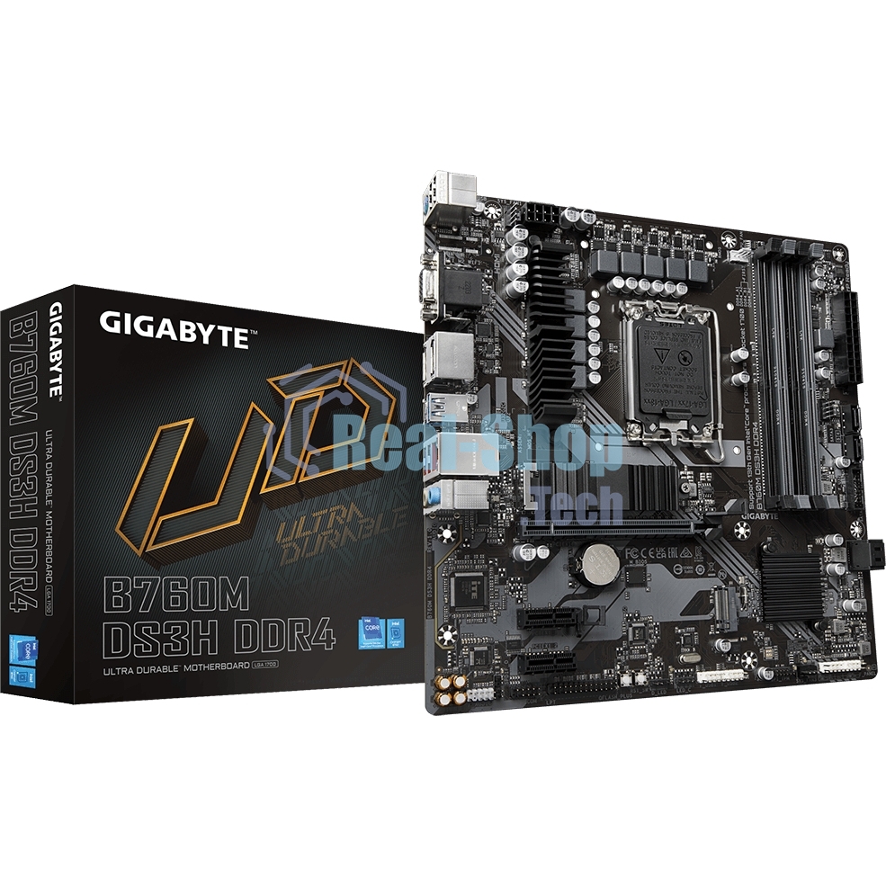 Материнская плата Gigabyte B760 DS3H DDR4, LGA 1700, Intel B760, 4xDDR4, 4xSATA, 2xM.2, 1xPCIe 4.0 x16, 4xPCIe 3.0 x1, 1xHDMI, 1xDP, 1x 1Gb LAN, 1xUSB 3.2 Gen 2, 1xUSB 3.2 Gen 2x2, 4xUSB 2.0, 3x3.5 мм, 7.1, ATX