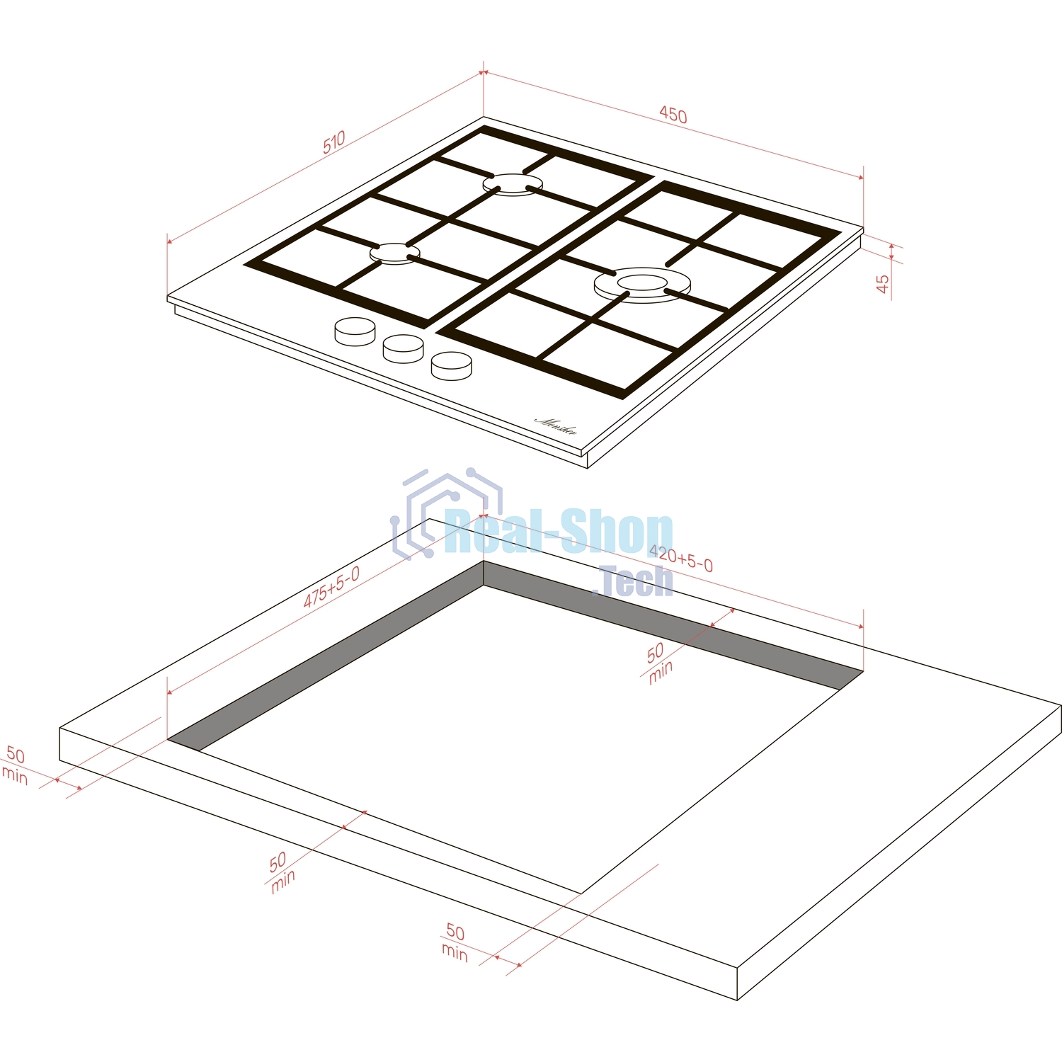 Варочная поверхность MONSHER MGG 43 Blanc, газ, High-Tech, 45 см, автоматический электроподжиг, газ-контроль, форсунки под сжиженый газ, SABAF конфорки, чугунные решетки, белый