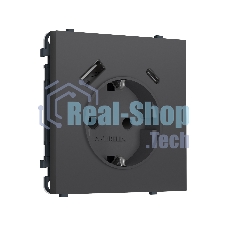 Комплект механизма электрической розетки SIGMA Графит Мягкое касание 2USB A+C 20W (быст. зар.) с/з с/ш 16A-250V QUANT PRO (SP9100, PR160)
