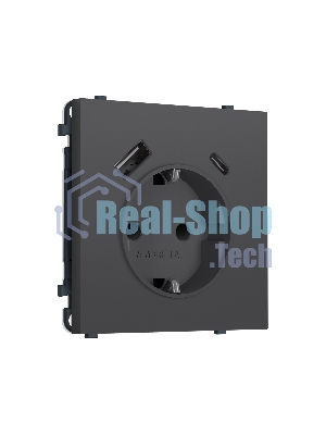 Комплект механизма электрической розетки SIGMA Графит Мягкое касание 2USB A+C 20W (быст. зар.) с/з с/ш 16A-250V QUANT PRO (SP9100, PR160)