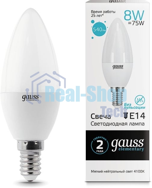 Лампа светодиодная Gauss Elementary 8Вт цок.: E14 свеча 220B 4100K св. свеч. белый. ней. С35 (упак.: 10 шт)