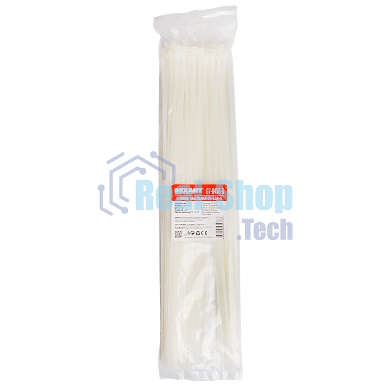 Хомут-стяжка кабельная нейлоновая Rexant 450 x4,8 мм, белая, упаковка 100 шт.