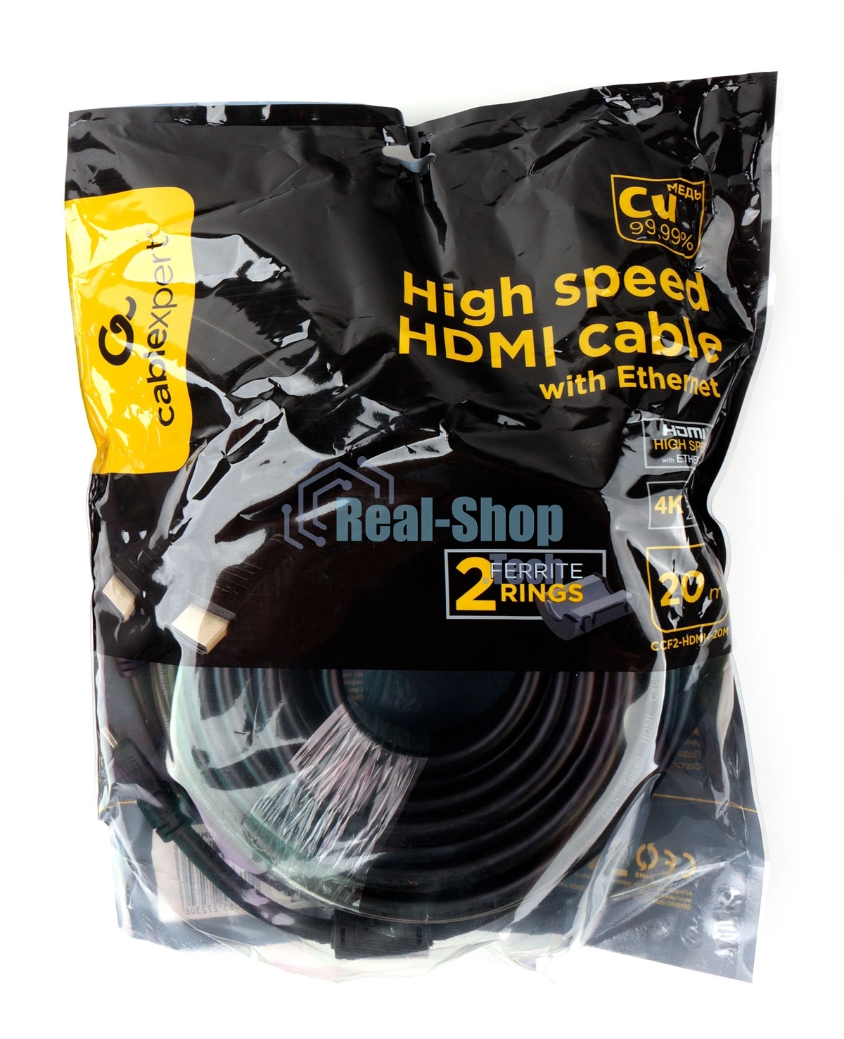 Кабель HDMI Cablexpert CCF2-HDMI4-20M, 19M/19M, v2.0, медь, позол.разъемы, экран, 2 фер.кольца, 20м, черный, пакет