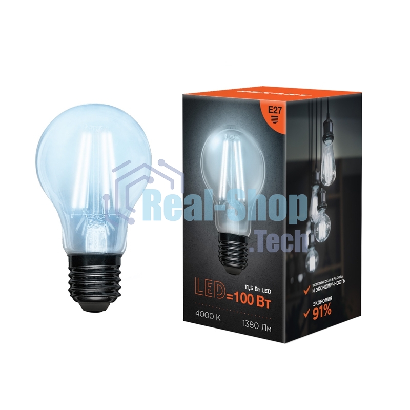 Лампа светодиодная филаментная Rexant Груша A60 11.5 Вт 1380 Лм 4000K E27 прозрачная колба