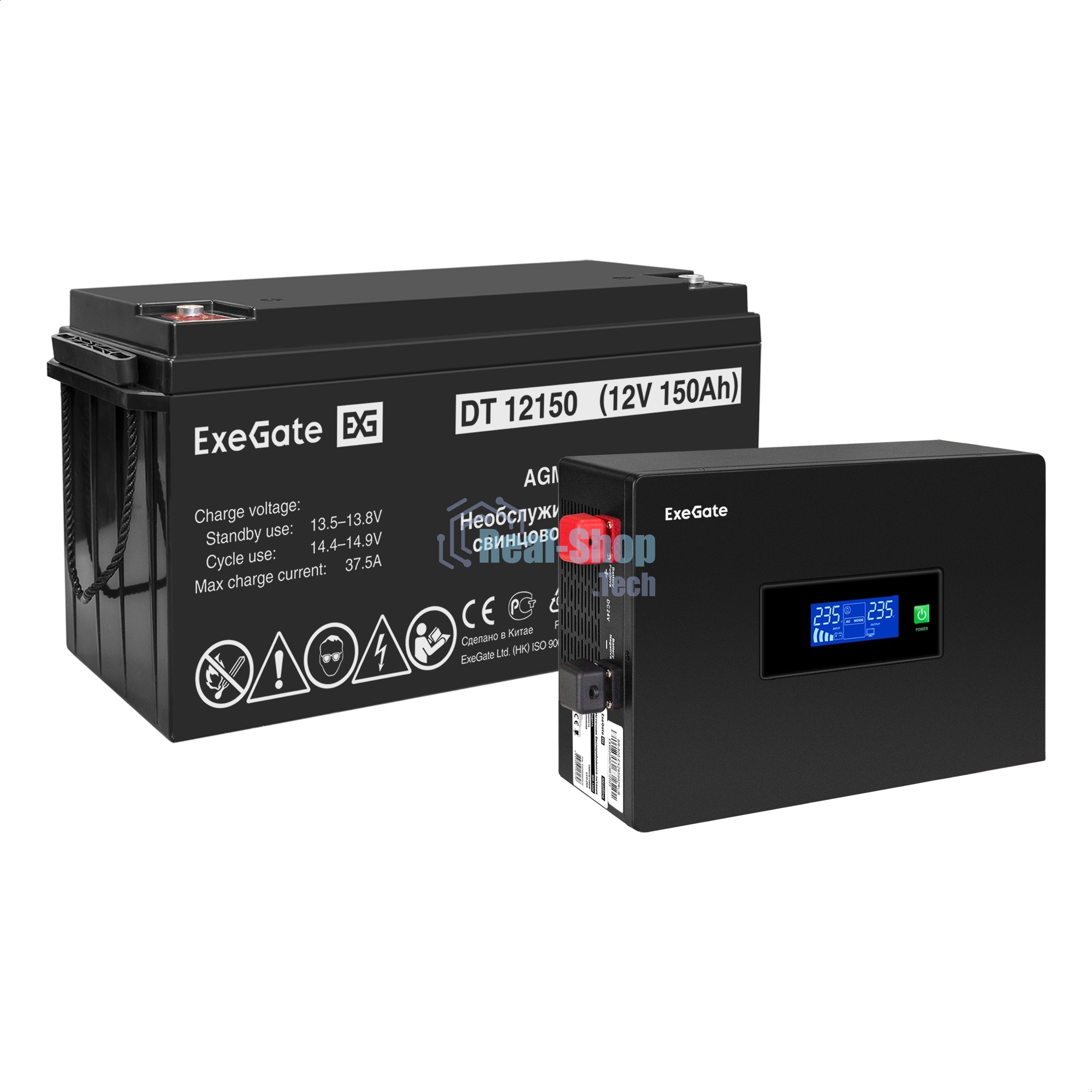 Комплект источника бесперебойного питания Exegate EX295992RUS + батарея 150Aч EX282990RUS 1шт (инвертор, синус, для котла, PF=1, настенный) ExeGate IdealSine SR-600.LCD.2SH <600VA/600W, чистая синусоида, цветной LCD-дисплей, 2*Schuko, крепление настенное,