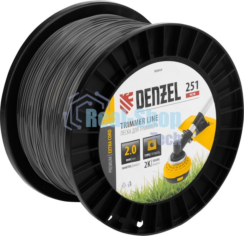 Леска для триммера Denzel двухкомпонентная, квадрат, 2,0 мм х 251 м, на DIN катушке EXTRA CORD