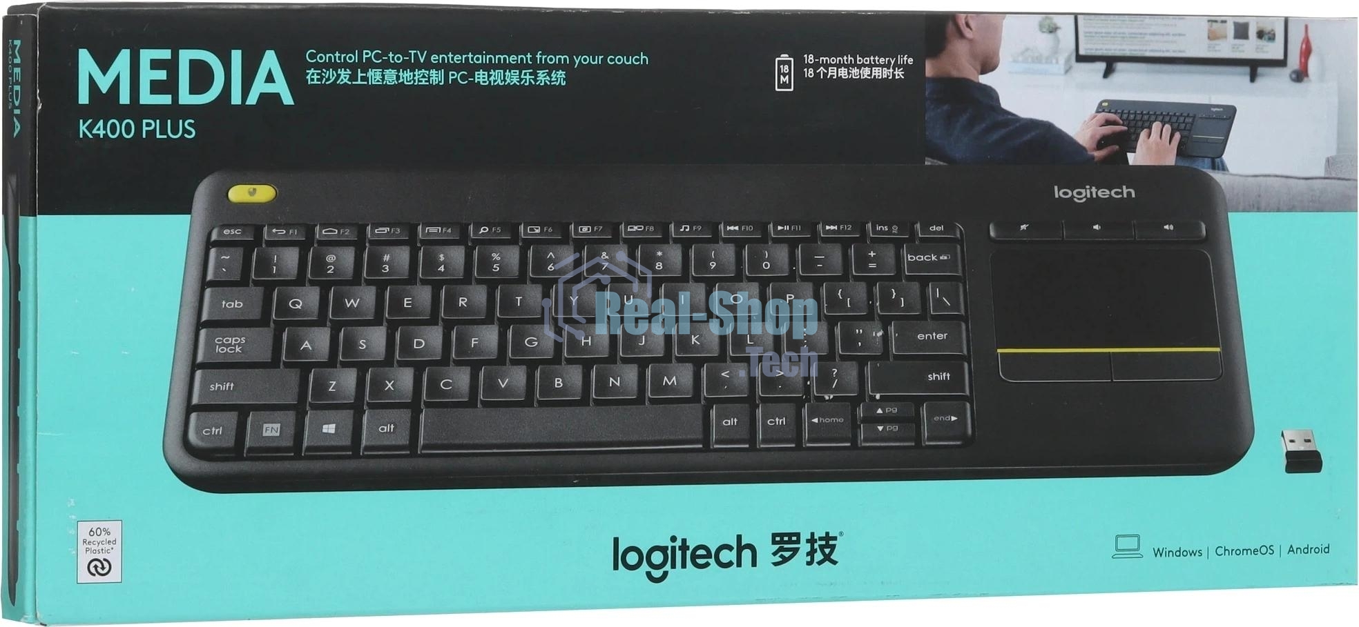 Клавиатура Logitech K400 Wireless Touch Plus беспроводная, радиоканал, чёрный