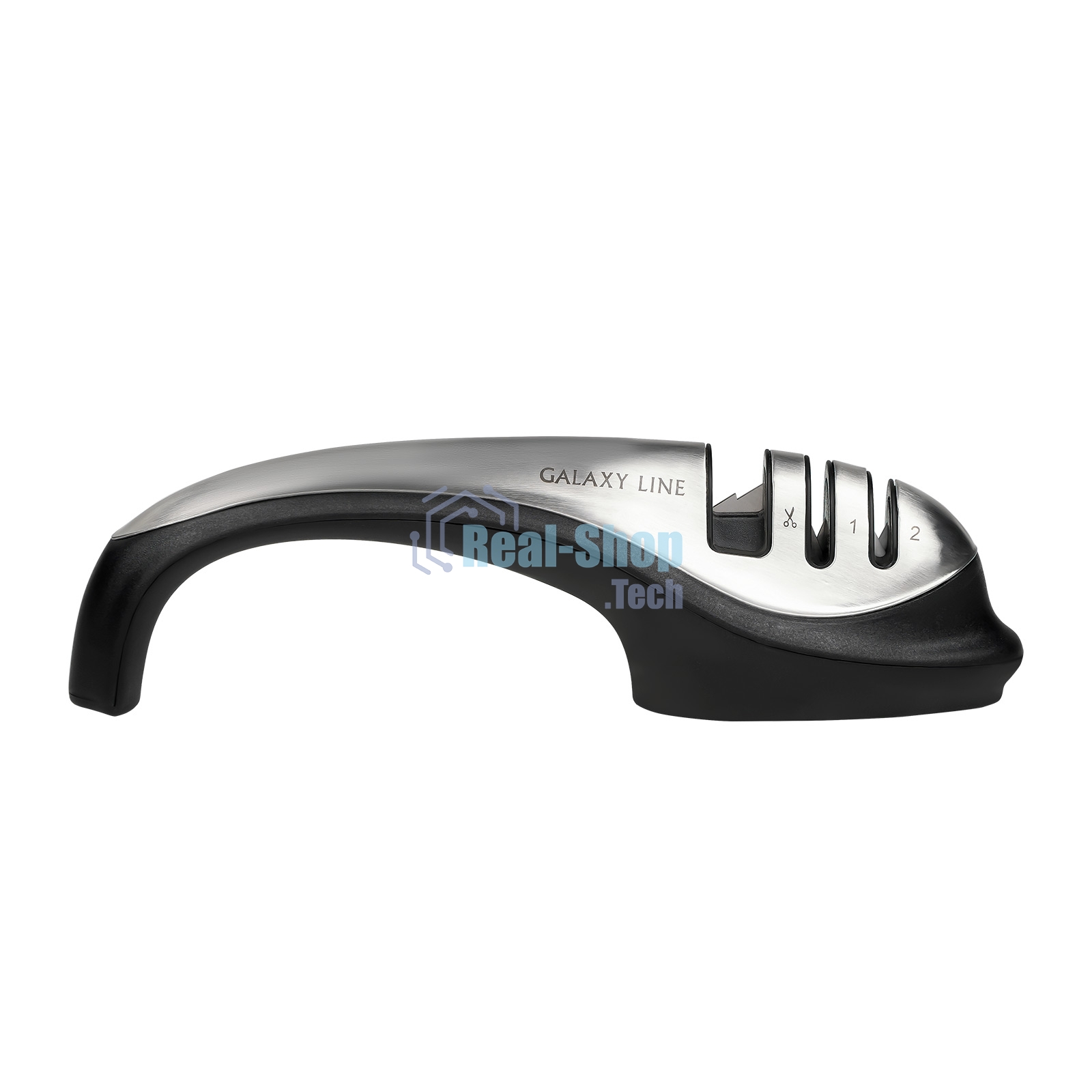 Механическая точилка для ножей и ножниц Galaxy LINE GL 9012, черный с серебристым, высокоэффективные точильные элементы, для металлических, кухонных, керамических, спортивных, складных ножей, 2 этапа обработки лезвий ножей (заточка и доводка),прорезиненно