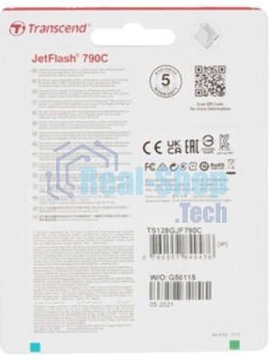 Флешка USB Transcend JetFlash 790C (TS128GJF790C), 128Gb, USB 3.2, R/W 90/60, черный/зеленый