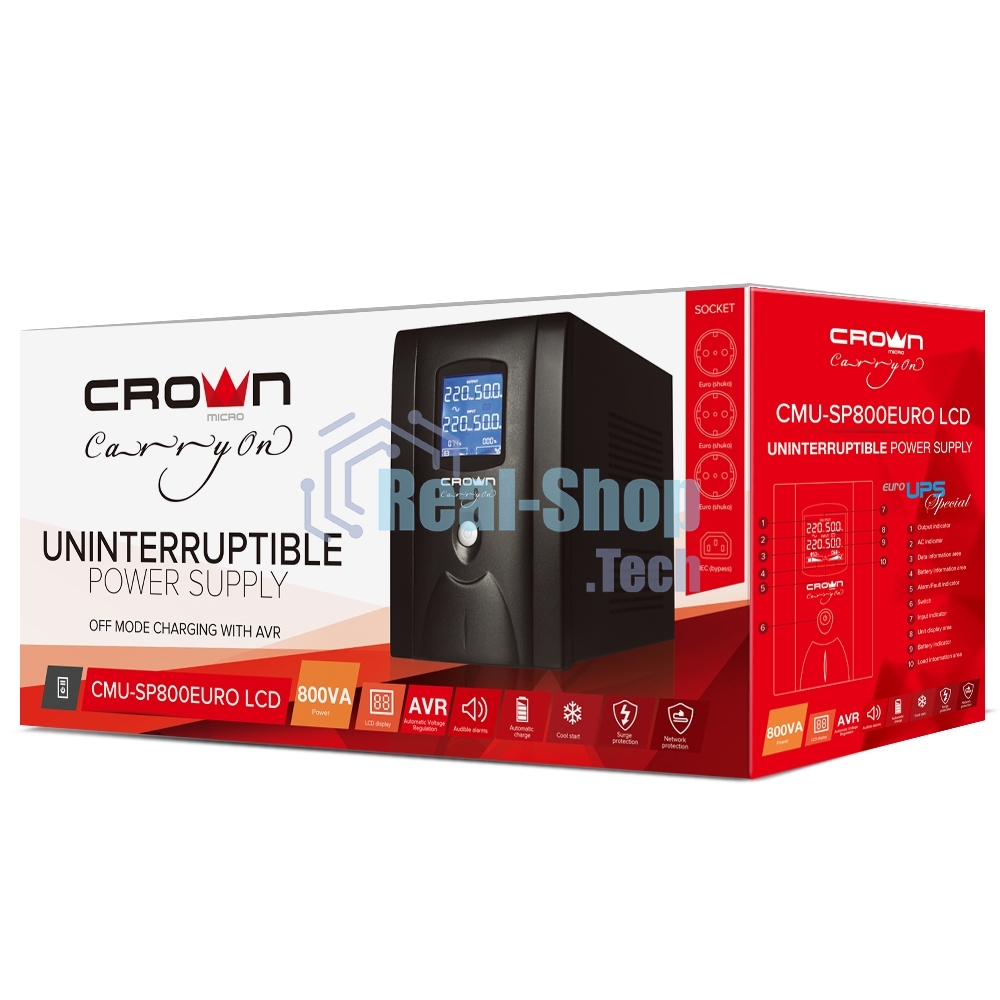 Источник бесперебойного питания CROWN 800VA/450W, металл, 1x12V/9AH, розетки 3*EURO+1*IEC bybass, трансформатор AVR 145-280V, LCD дисплей, съемный кабель 1.2м, фильтр телефонной и ethernet линии RJ11/45, защита батареи, от перегрузки, от КЗ