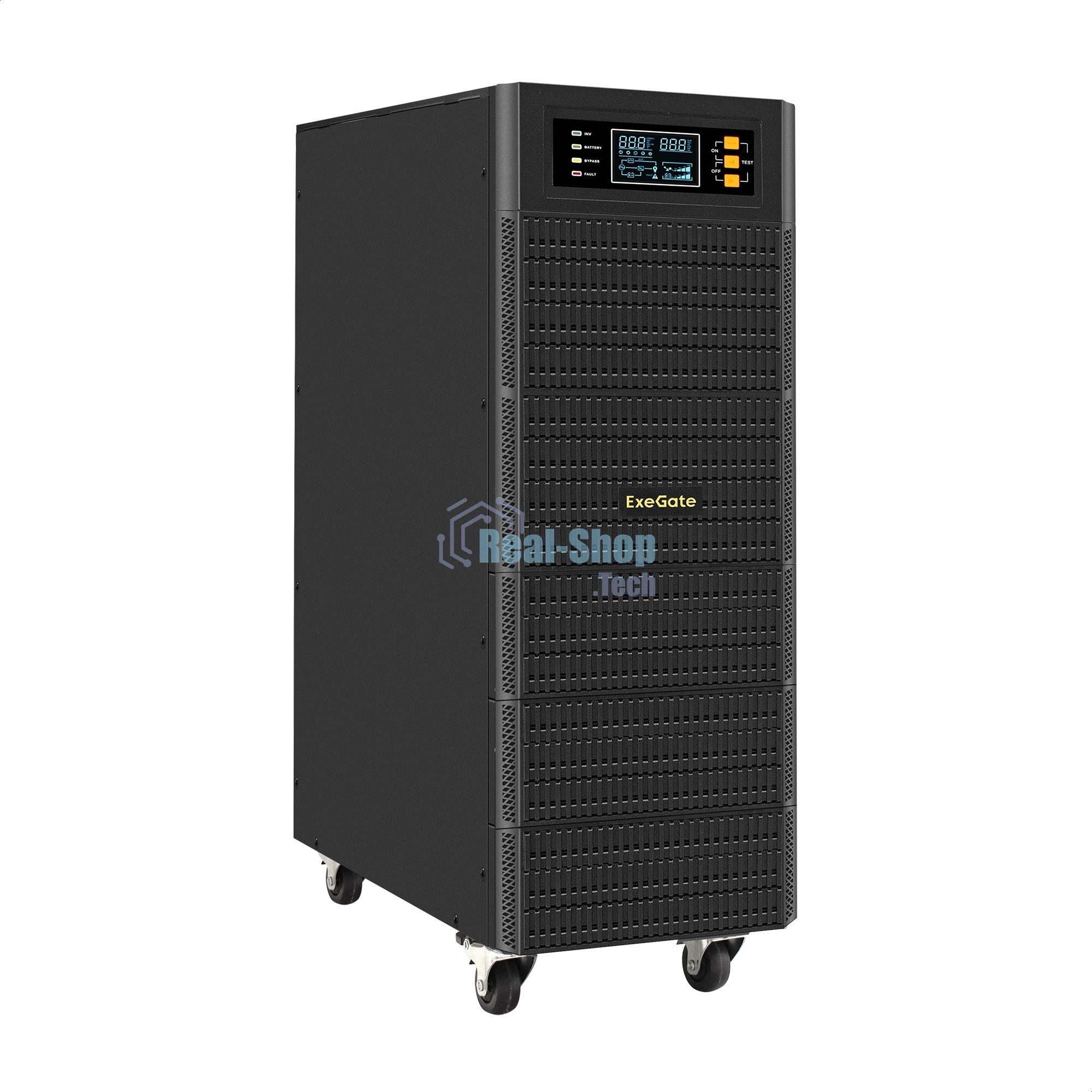 Источник бесперебойного питания On-line ExeGate PowerExpert TL-575-6kVA.192V.LCD.AVR.T.USB.RS232.SNMP 6000VA/6000W, On-Line, PF=1, LCD, клеммы, RS232, USB, SNMP-slot, встроенные батареи 12V 7.2Ah - 16шт, возможность подключения до 4 внешних батарейных блоков 192В, Tower, металлический корпус на колесиках, черный