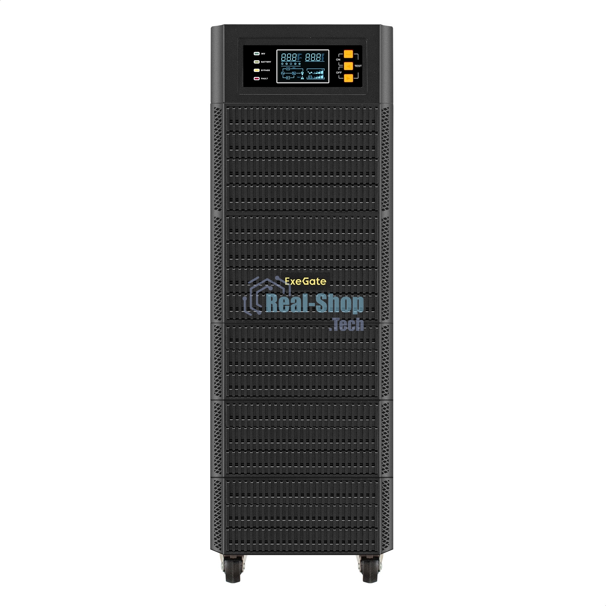 Источник бесперебойного питания On-line ExeGate PowerExpert TL-575-6kVA.192V.LCD.AVR.T.USB.RS232.SNMP 6000VA/6000W, On-Line, PF=1, LCD, клеммы, RS232, USB, SNMP-slot, встроенные батареи 12V 7.2Ah - 16шт, возможность подключения до 4 внешних батарейных блоков 192В, Tower, металлический корпус на колесиках, черный