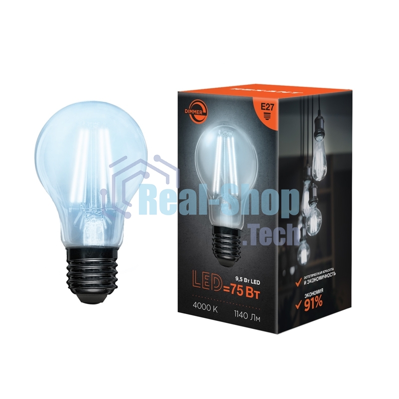 Лампа светодиодная филаментная Rexant Груша A60 9.5 Вт 1140 Лм 4000K E27 диммируемая, прозрачная колба