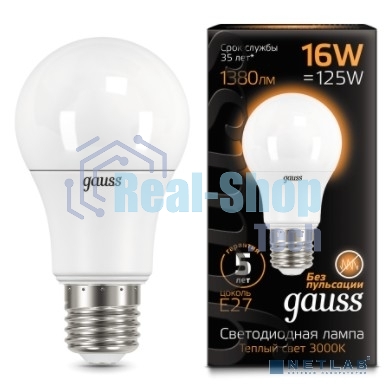 Лампа светодиодная Gauss LED A60 16W E27 1380lm 3000K 1/10/50 102502116