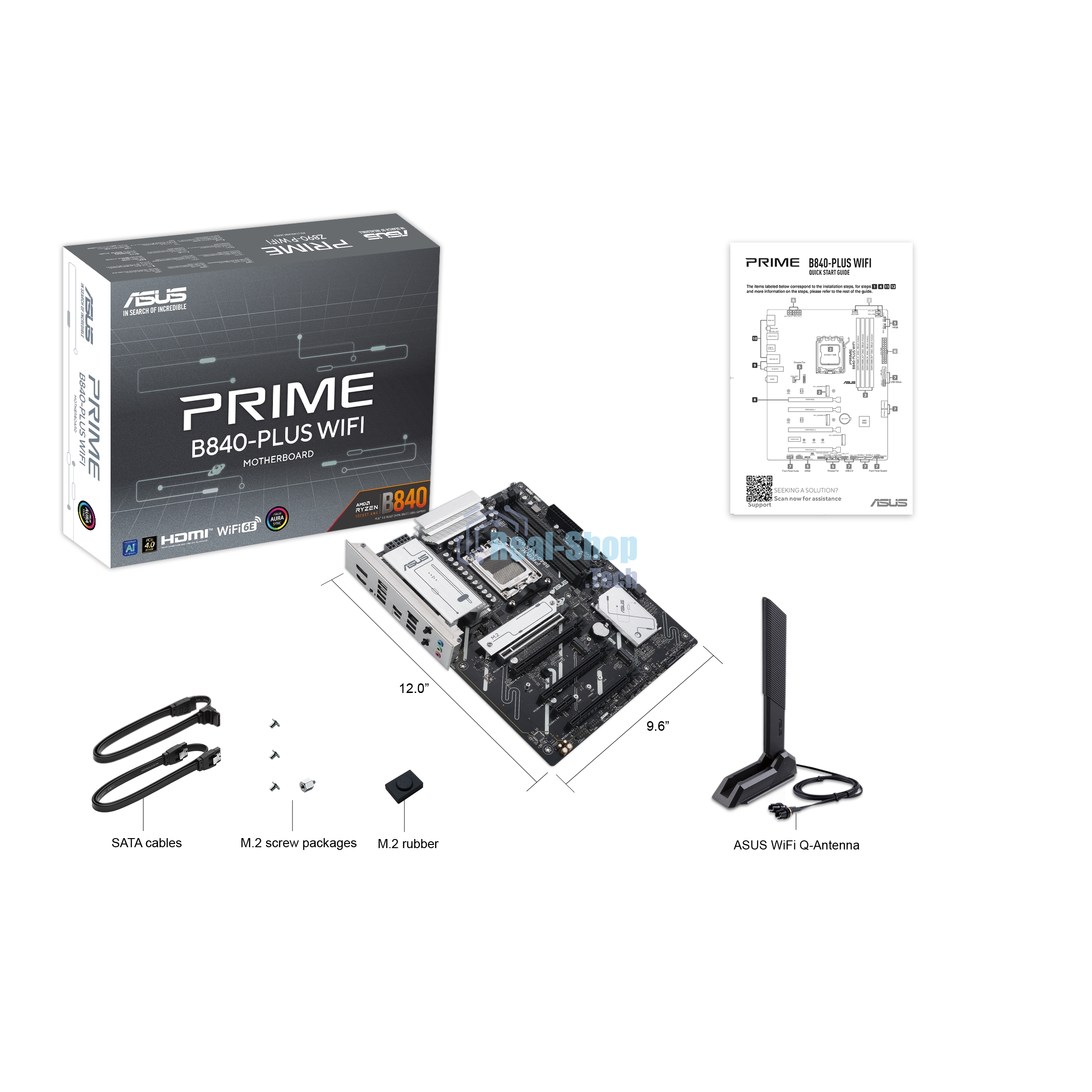 Материнская плата ASUS PRIME B840-PLUS WIFI, AM5, AMD B840, 4xDDR5, 4xSATA, 3xM.2, 1xPCIe 4.0 x16, 1xPCIe 3.0 x16, 2xPCIe 3.0 x16, 1xPCIe 3.0 x1, 1xDP, 1xHDMI, 1x 2.5Gb LAN, 8xUSB-A, 3x3.5 мм, 7.1, ATX