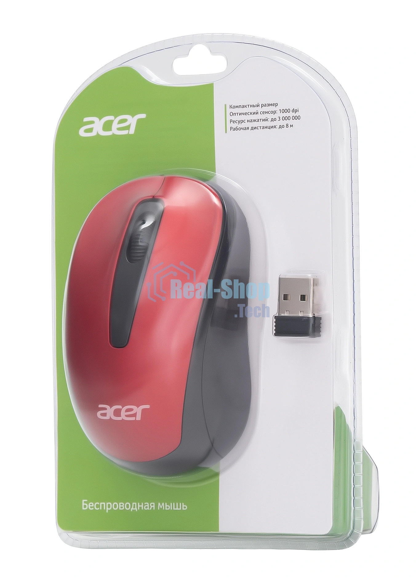 Мышь беспроводная Acer OMR136 красный, 1000 dpi, радиоканал, USB, кнопки - 3