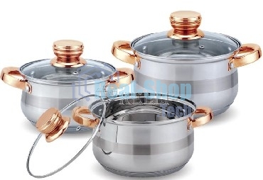 Набор посуды Kelli KL-4216 6 пред. (Кастрюля с жаропрочной стекл. крышкой 2.1 л. Кастрюля с жаропрочной стекл. крышкой 3 л. Кастрюля с жаропрочной стекл. крышкой 4 л. Мерная шкала внутри. Высококачественная нерж. сталь 18/10. 5-ти слойное капсульное дно.)