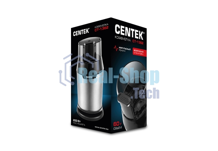 Кофемолка Centek CT-1362 (сталь) 200Вт, 60гр, стальн стакан, стальн чаша, прозрачная крышка