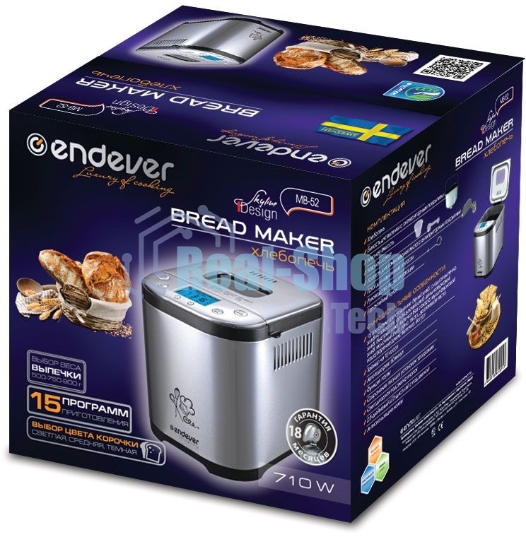 Хлебопечка Endever Skyline MB-52, 710Вт, 15 программ, таймер 15ч, сохранение уст. прогр., авт. термостат, автоподогрев 60 мин