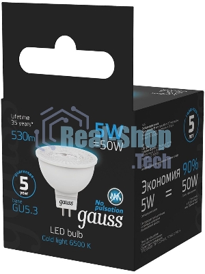 Лампа светодиодная Gauss 101505305 5Вт цок.: GU5.3 рефлек. 220B 6500K св. свеч. бел. хол. (упак.: 10 шт)