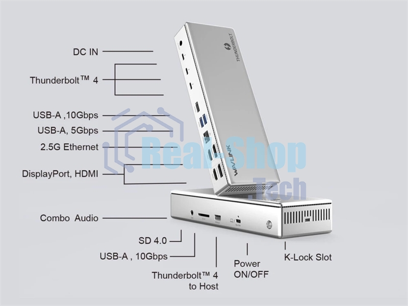 Док-станция WAVLINK Thunderbolt 4 Quad Display/96W Power Delivery Include 20V/11.5A Power Adapter/4xUSB3.0/3xThunderbolt 4/2xDP 4K 60HZ/2xHDMI 4K 60HZ/1xGigabit LAN/1xCombo Audio Jack/1xCardReader