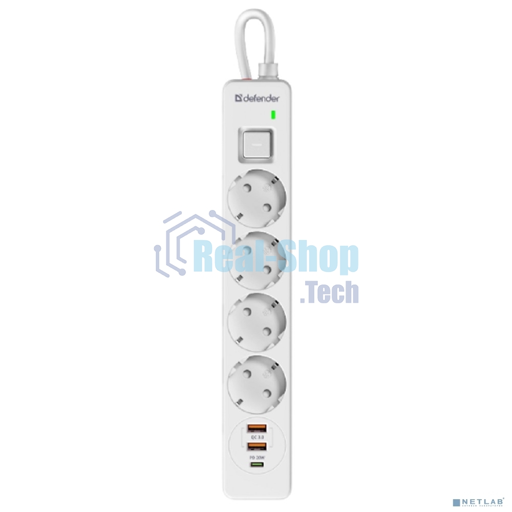 Удлинитель с сетевым фильтром Defender DFS 143, белый, 4розетки, USB+TypeC, 3 м.
