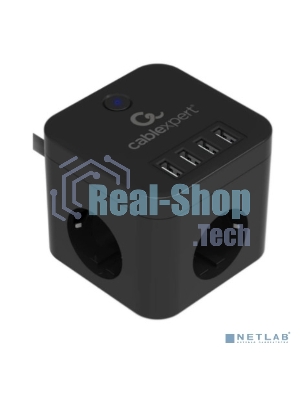 Сетевой фильтр Cablexpert Cube CUBE-3-U4-B-1.5, 3 р, 10А, 4хUSB, 1.5 м, ур.защиты 4+, черный, коробка
