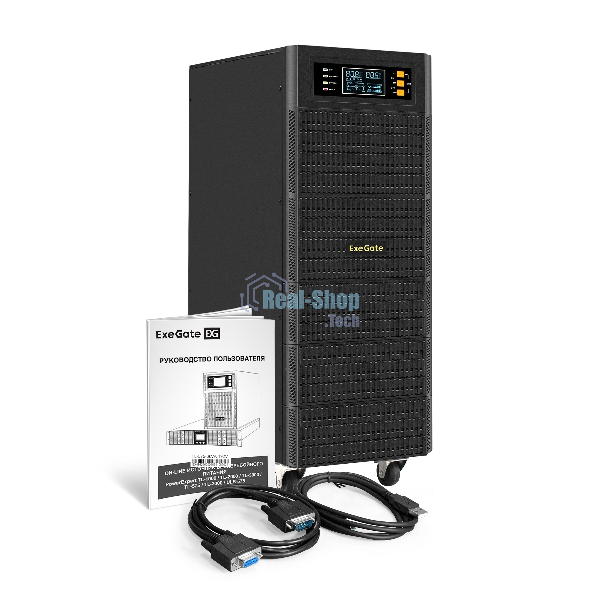 Источник бесперебойного питания On-line ExeGate PowerExpert TL-575-6kVA.192V.LCD.AVR.T.USB.RS232.SNMP 6000VA/6000W, On-Line, PF=1, LCD, клеммы, RS232, USB, SNMP-slot, встроенные батареи 12V 7.2Ah - 16шт, возможность подключения до 4 внешних батарейных блоков 192В, Tower, металлический корпус на колесиках, черный