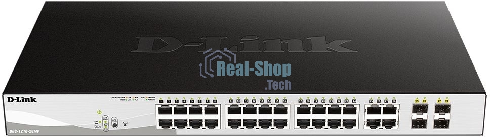 Коммутатор D-Link DGS-1210-28MP/FL1A, L2 Managed Switch with 24 10/100/1000Base-T ports and 4 100/1000Base-T/SFP combo-ports (24 PoE ports 802.3af/802.3at (30 W), PoE Budget 370 W).8K Mac address, 802.3x Flow C