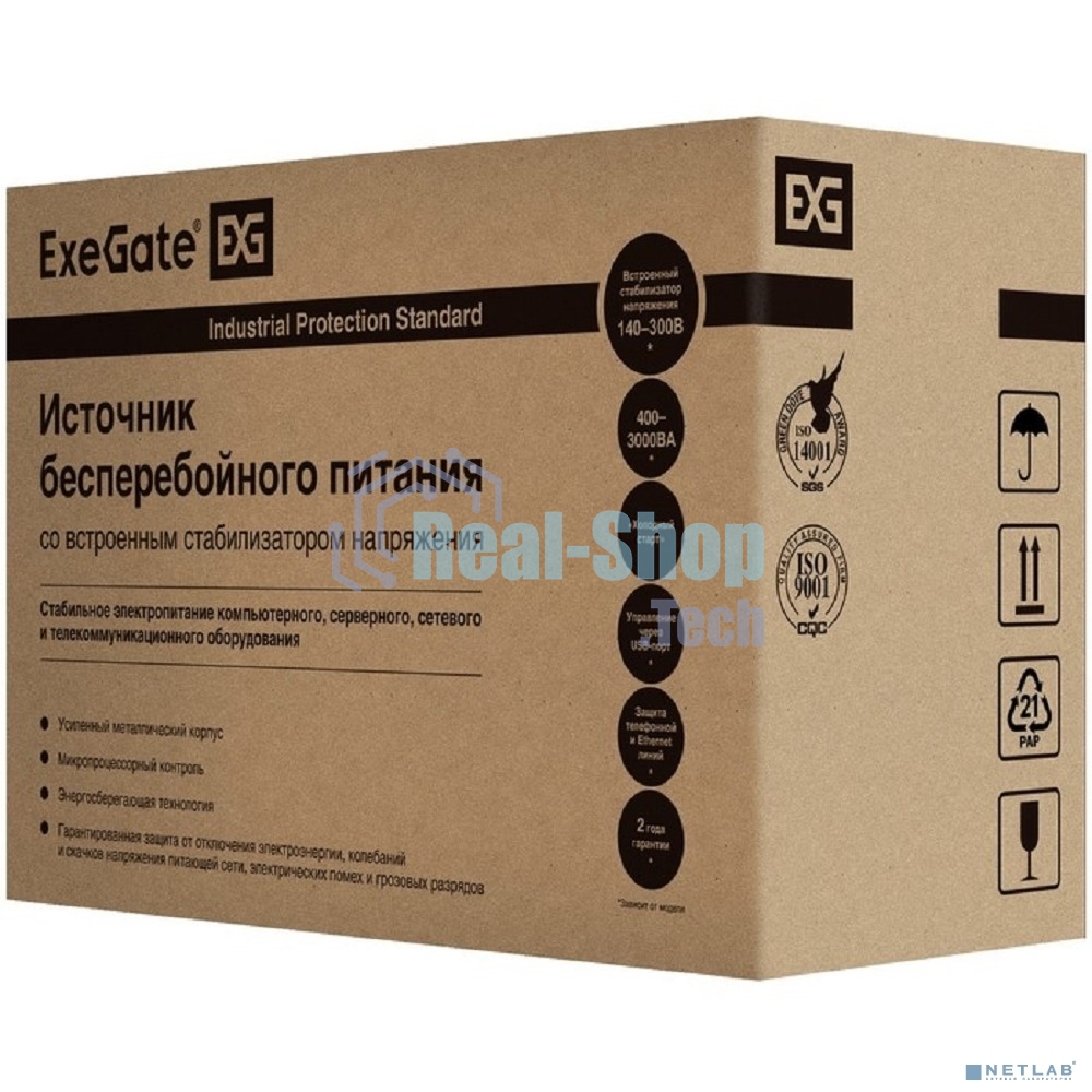 Источник бесперебойного питания ExeGate EX292613RUS SpecialPro UNB-2200.LED.AVR.2SH.RJ.USB 2200VA/1300W,LED, AVR,2*Schuko, RJ45/11, USB, металлический корпус, черный
