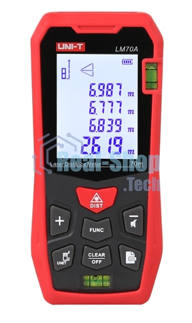 Лазерный дальномер UNI-T LM70A Диапазон расстояний (70 м); Тип дисплея (ЖК); Единицы измерения (м/фут/дюйм); Основа измерения (спереди/сзади);