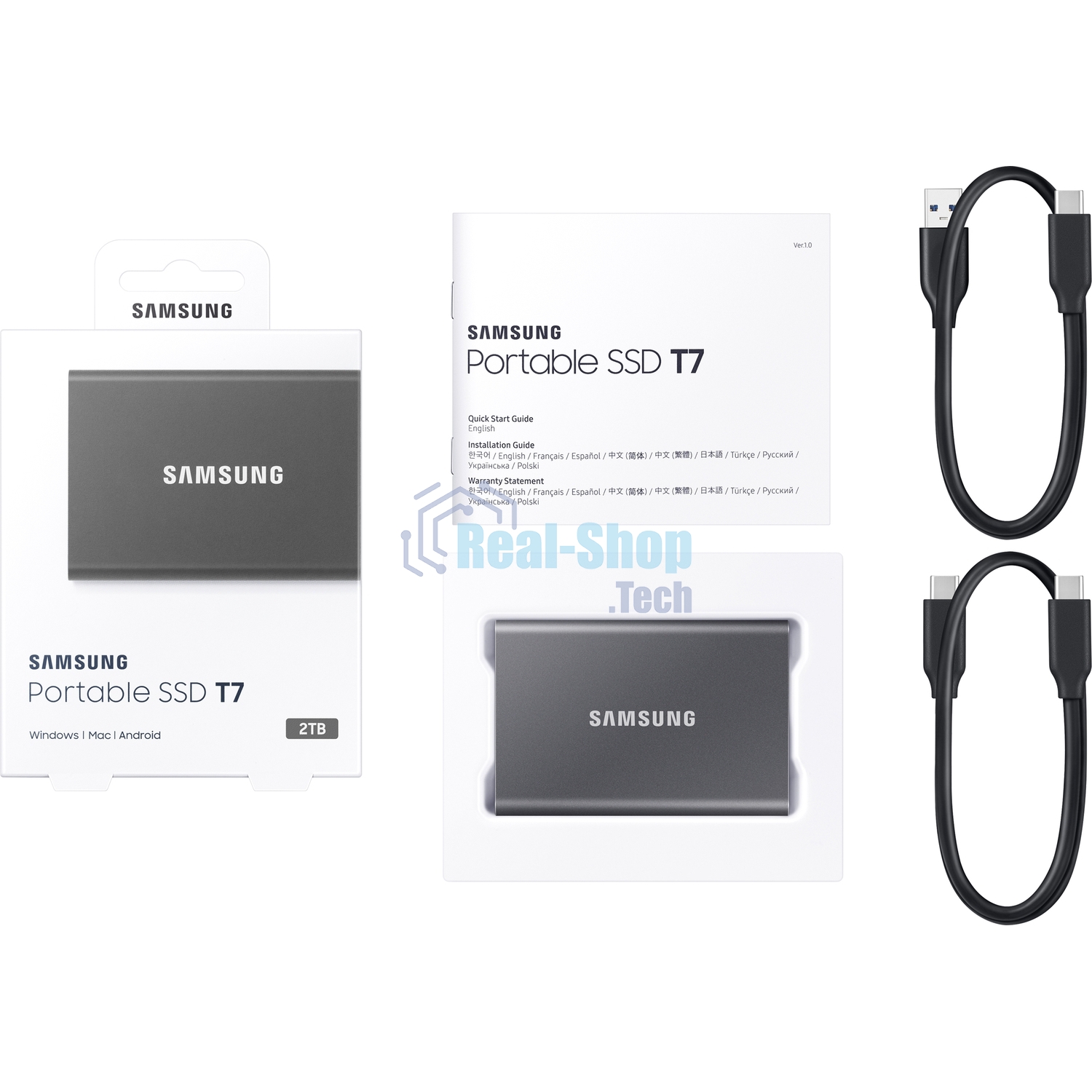 Внешний SSD Samsung T7, 2TB, USB 3.2 Gen 2 Type-C, R/W 1050/1000, титан