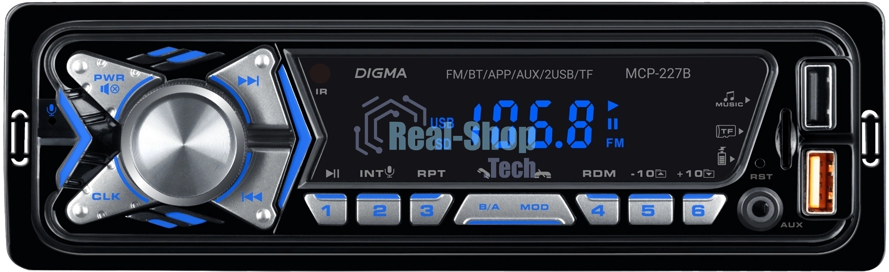 Автомагнитола Digma MCP-227B, 1 DIN, Bluetooth, USB Type-A, AUX, пульт ДУ