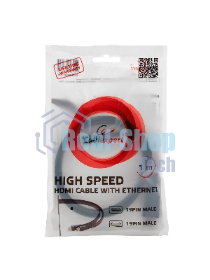 Кабель Cablexpert HDMI CC-HDMI490-15, 19M/19M, v2.0, медь, позол.разъемы, экран, плоский кабель, 1м, черный, пакет