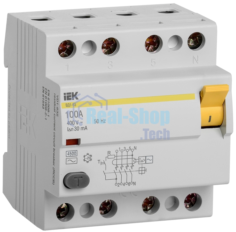 Выключатель автоматический дифференциального тока IEK 4п 100A 30mA тип AC ВД1-63 ИЭК MDV10-4-100-030