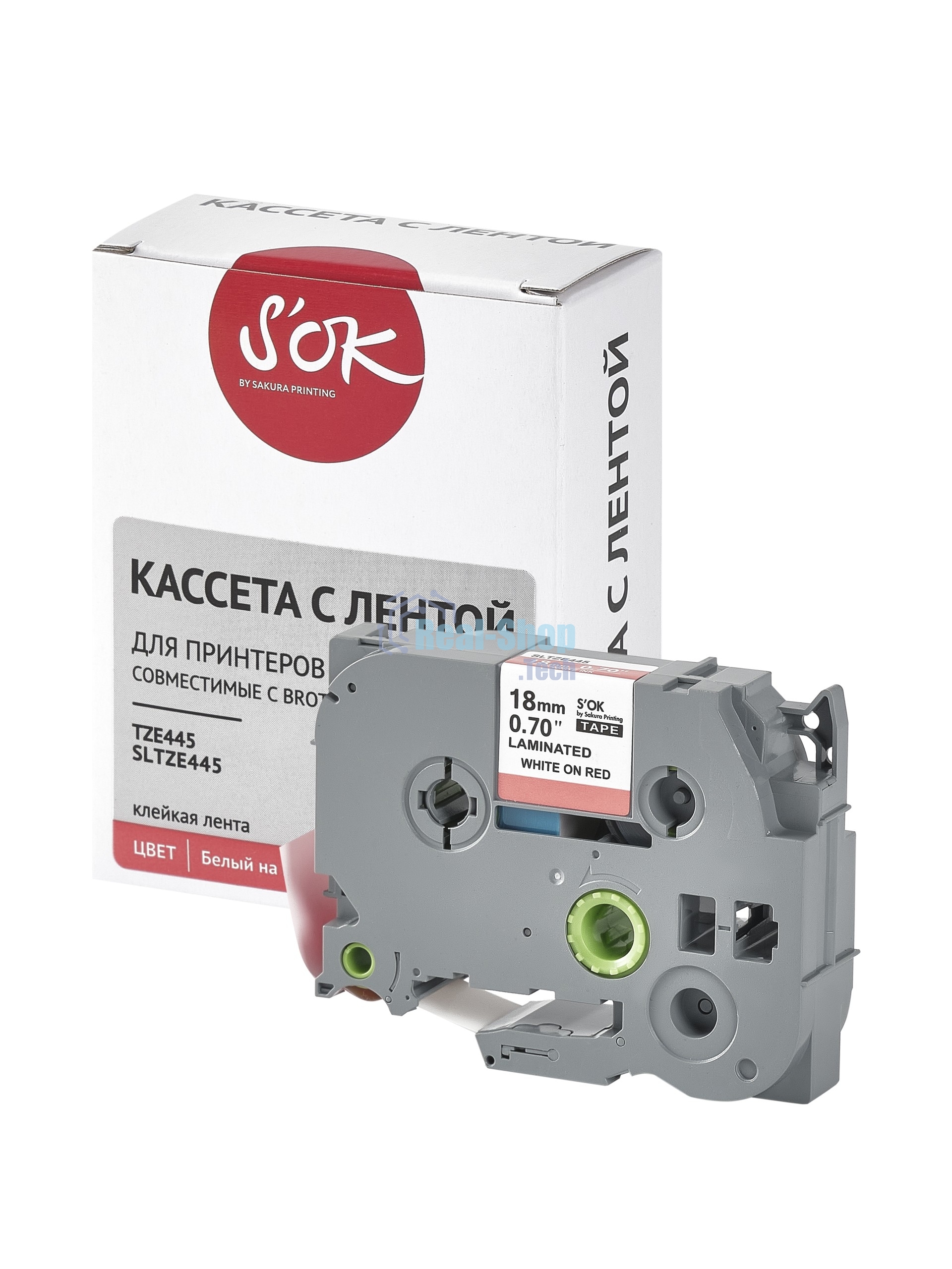 Кассета с лентой S'OK by Sakura Printing TZE445 для Brother, белый на красном, 18мм/8м, наклейка
