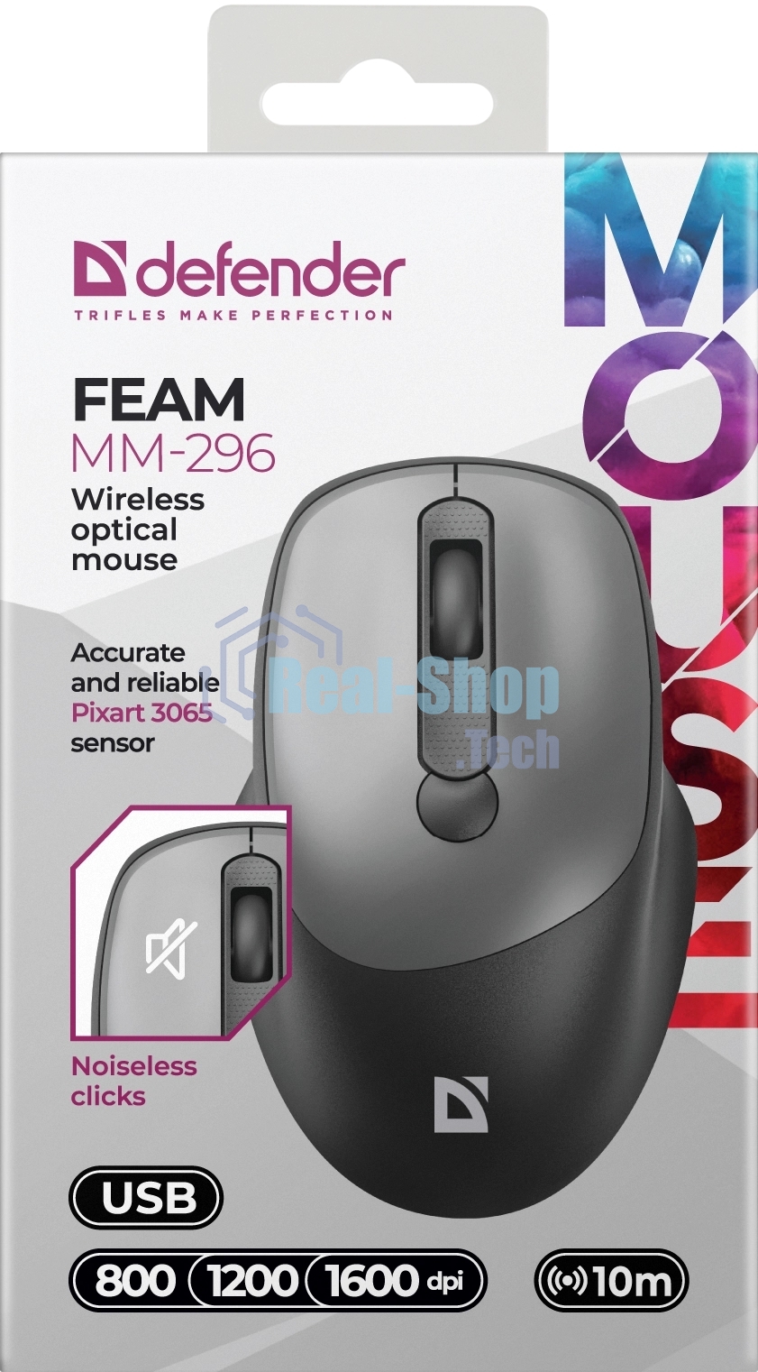 Мышь беспроводная Defender Feam MM-296 черный, 1600 dpi, радиоканал, USB, кнопки - 4