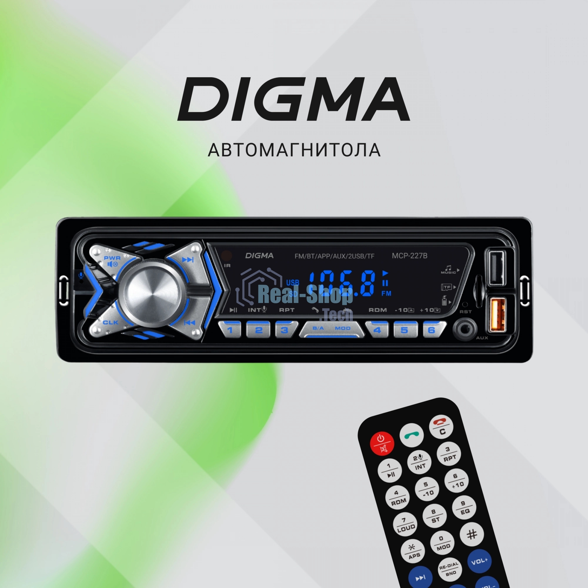Автомагнитола Digma MCP-227B, 1 DIN, Bluetooth, USB Type-A, AUX, пульт ДУ