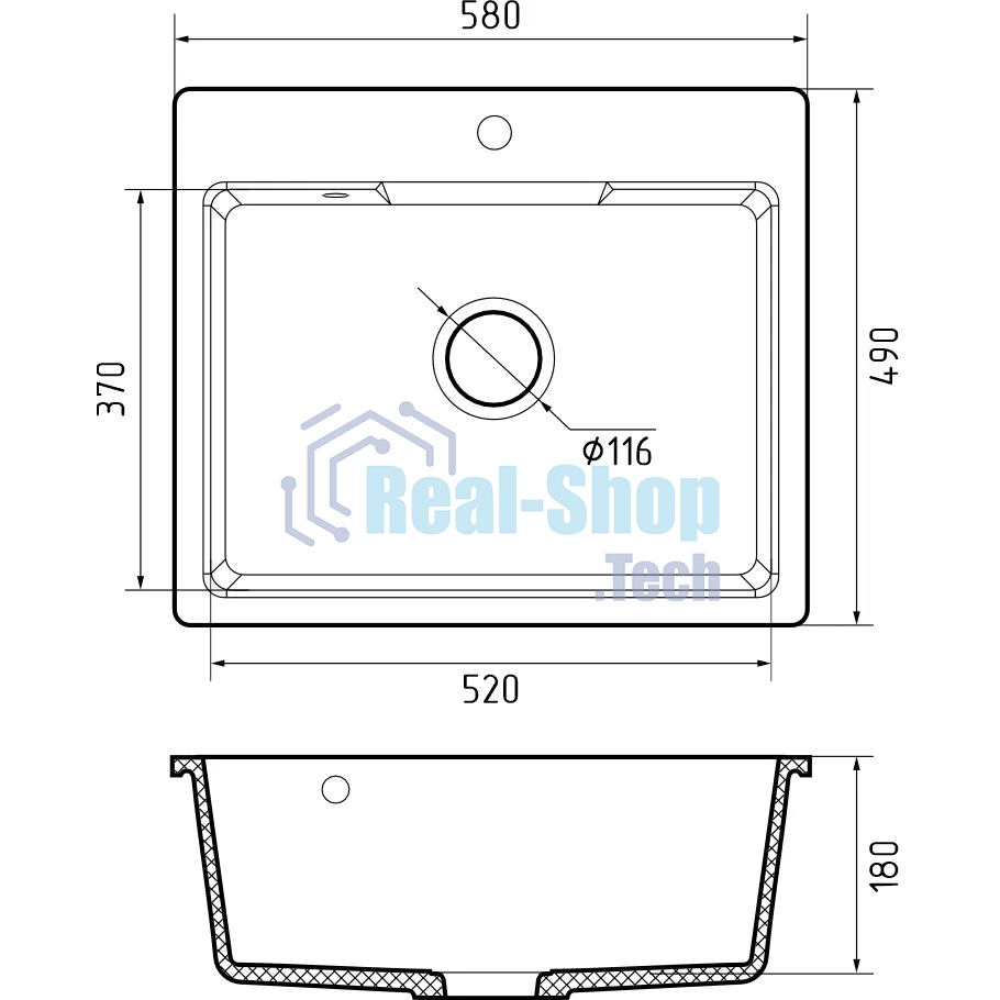 Мойка GRANFEST URBAN 658 1-чаша 580x490мм, монтаж: врезной, материал: кварц, серый