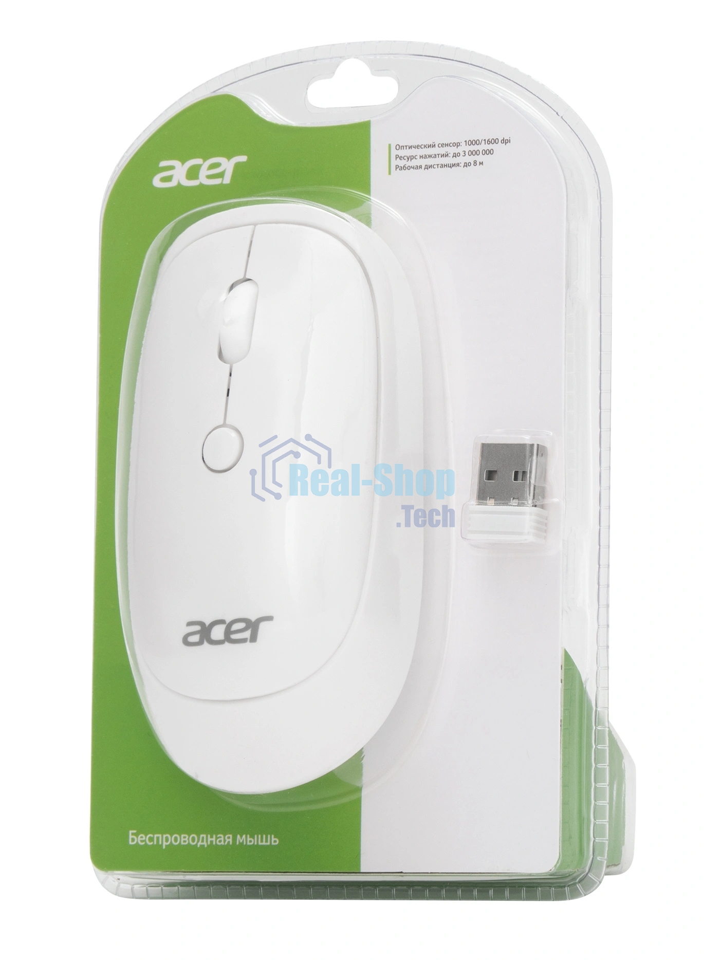 Мышь беспроводная Acer OMR138 белый, 1600 dpi, радиоканал, USB, кнопки - 4