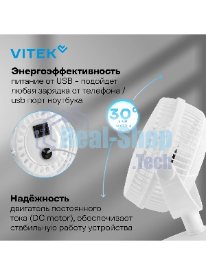 Вентилятор Vitek VTF-06U белый, настольный, 2.5 Вт, 2 скорости, 10 см, USB