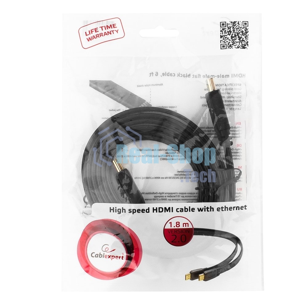 Кабель Cablexpert HDMI CC-HDMI4F-6, 19M/19M, v2.0, медь, позол.разъемы, экран, плоский кабель, 1.8м, черный, пакет