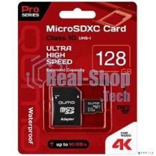 Флеш карта QUMO MicroSDXC 128 Gb 90/70 МБ/с UHS-I U3, Pro seria 3.0 , адаптер в комплекте SD, красная картонная упаковка