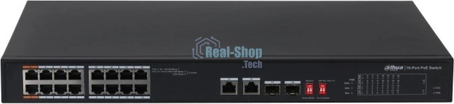 Неуправляемый 16-портовый коммутатор Dahua DH-S3218-16ET-135 с РоЕ, 16xRJ45 100Mb, 2хКомбо SFP/RJ45 1Gb uplink, суммарно до 135Вт, коммутация 7.2 Гбит/с, MAC-таблица 8К