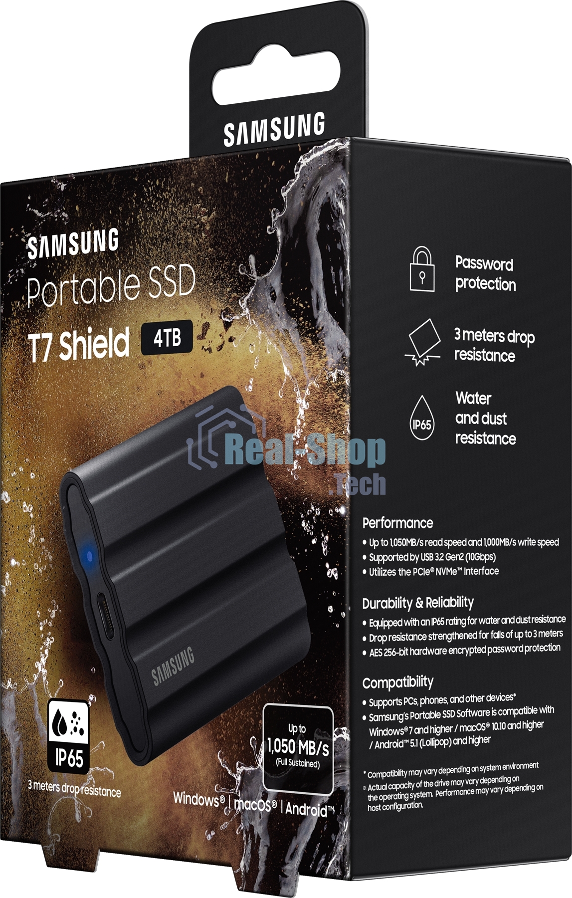 Внешний SSD Samsung T7 Shield, 4TB, USB 3.2 Gen 2 Type-C, R/W 1050/1000, черный
