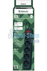 Сетевой фильтр Defender ES, 5.0 м, 5 розеток, черный