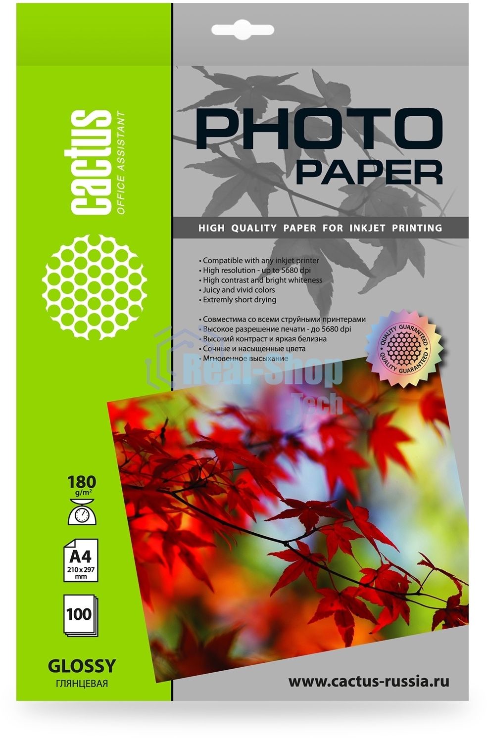 Фотобумага Cactus CS-GA4180100 A4/180г/м2/100л./белый глянцевое для струйной печати